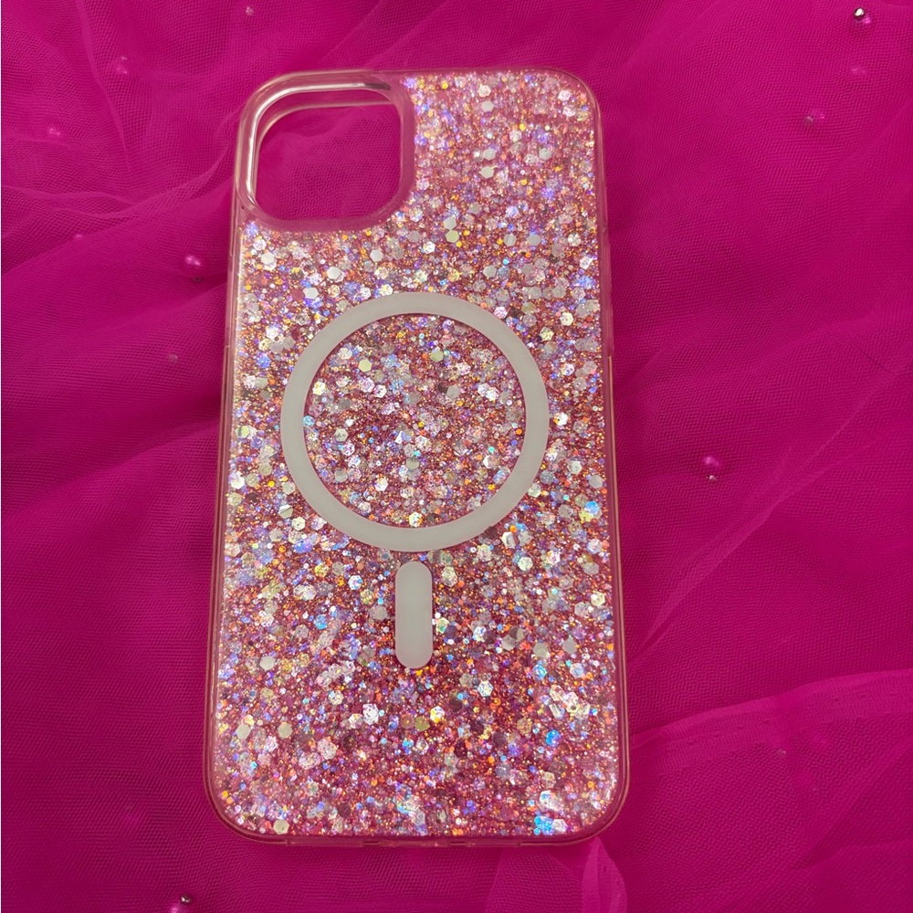 Glittery Pink iPhone 15 plus Case with MagSafe Compatibility